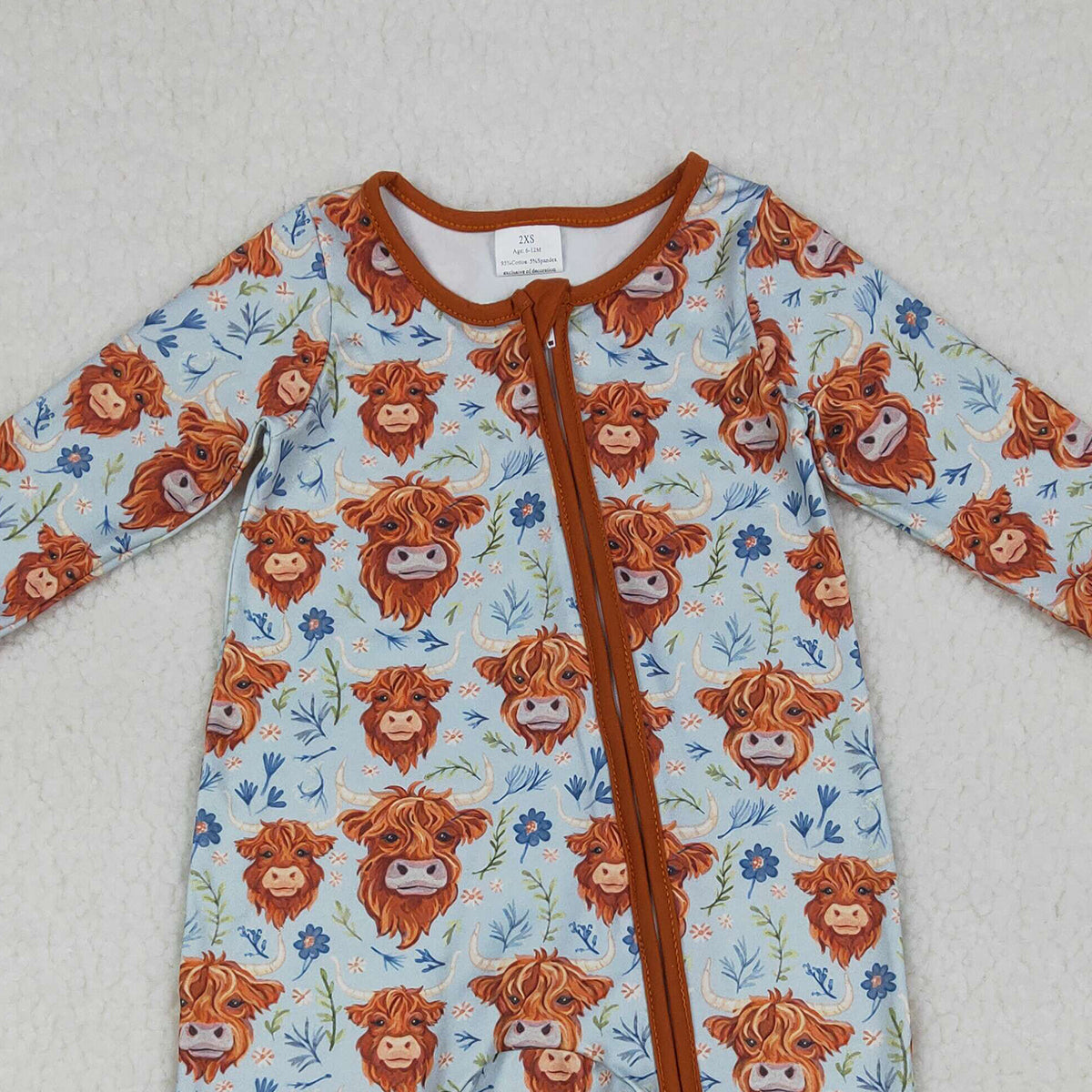 RTS NO MOQ LR1787 Baby Girls Rompers Highland Cows Flowers Western Design Two-Way Zipper Closure Outfit for Infants