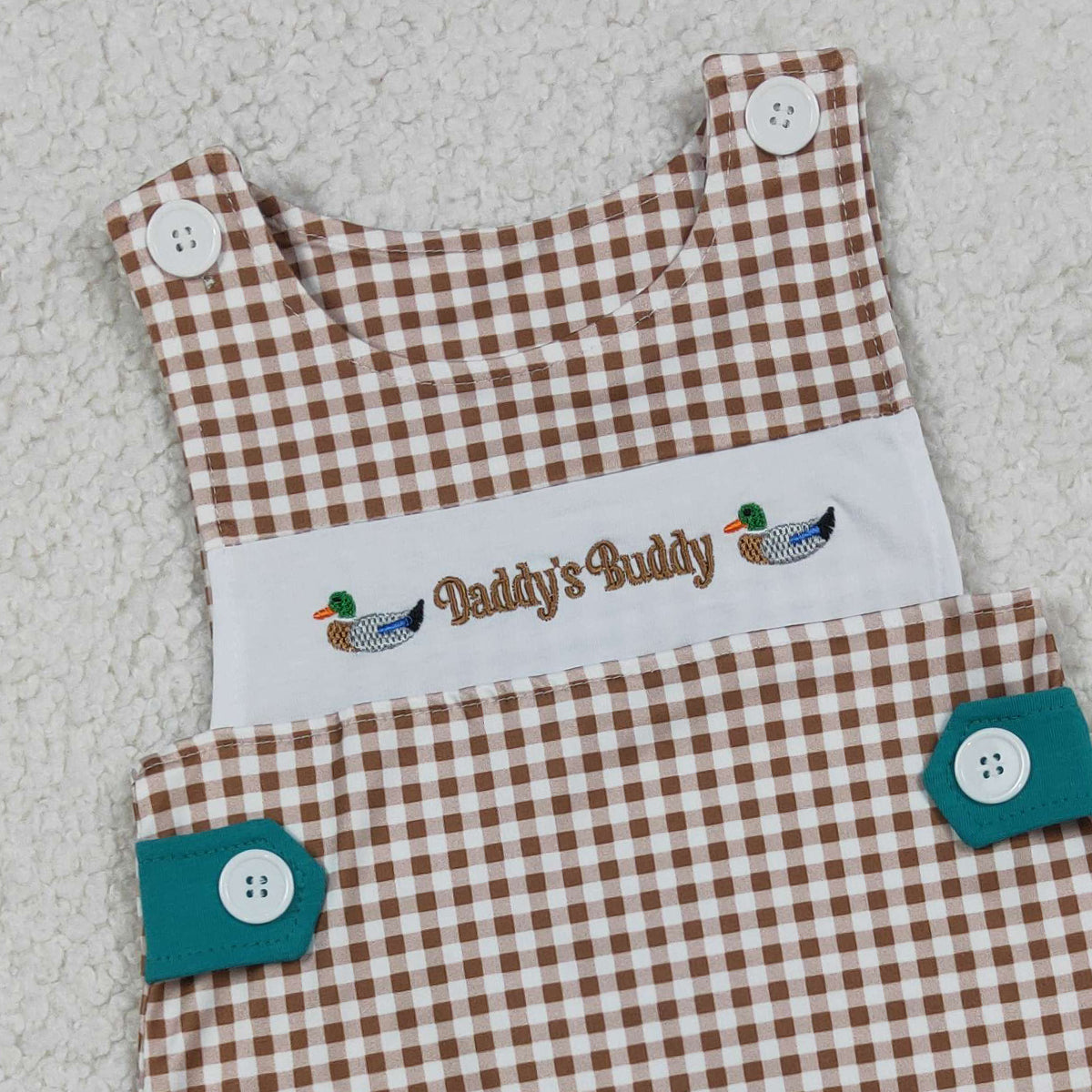 RTS NO MOQ SR3508 Baby Boys Khaki Checked Embroidery Ducks Daddy Buddy Rompers