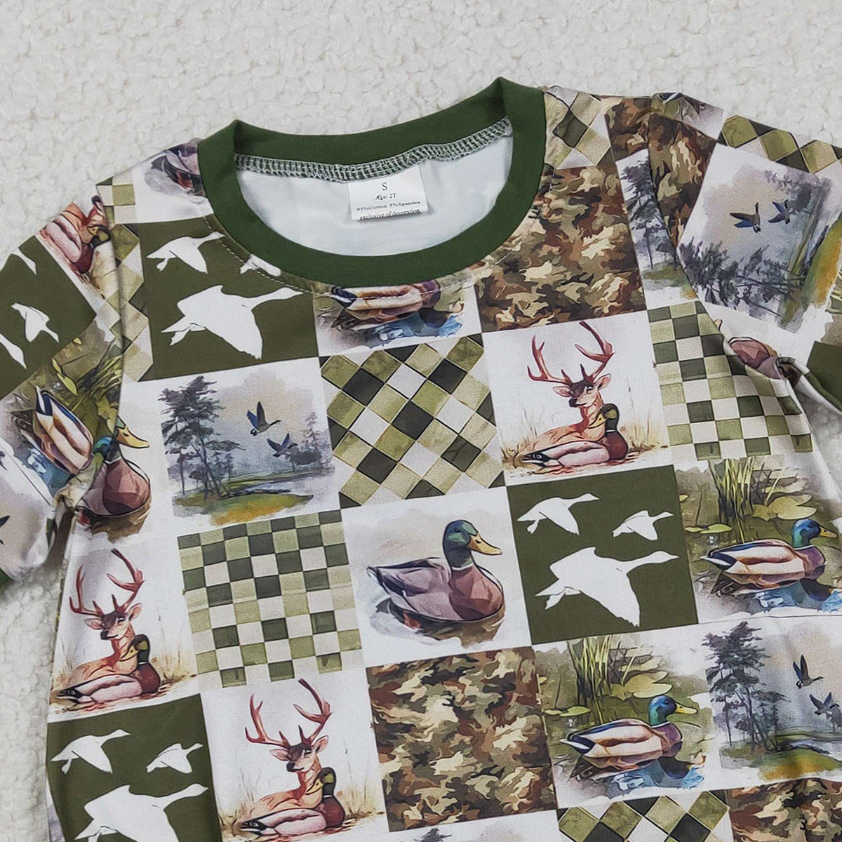 RTS NO MOQ SR3837 Baby Boys Short Sleeve Checked Hunting Rompers Deer Ducks Print
