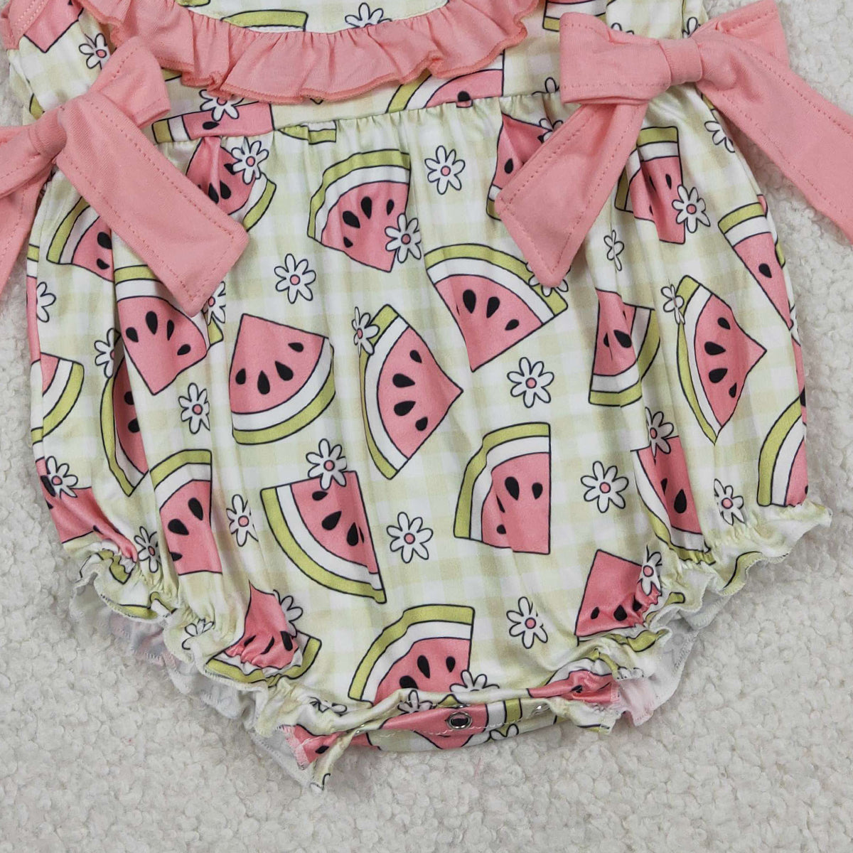 RTS NO MOQ SR3920 Baby Girls Sleeveless Rompers Green Checked with Watermelons Print Ruffle Design for Infants