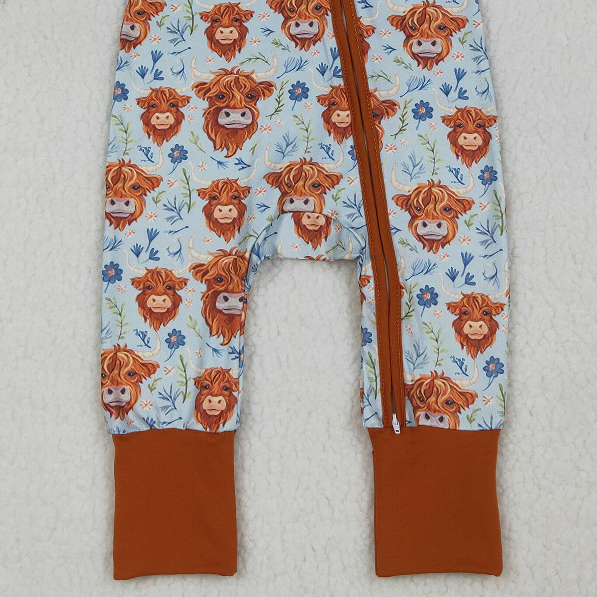 RTS NO MOQ LR1787 Baby Girls Rompers Highland Cows Flowers Western Design Two-Way Zipper Closure Outfit for Infants