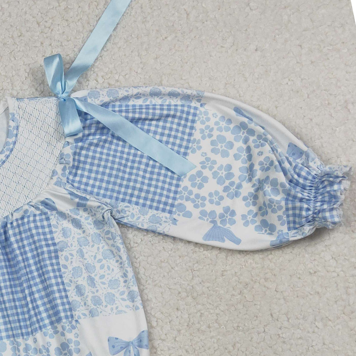 RTS NO MOQ LR2931 Smocked Checked Baby Girls Rompers with Blue Bows And Flowers Ruffle Cute Infant Outfit