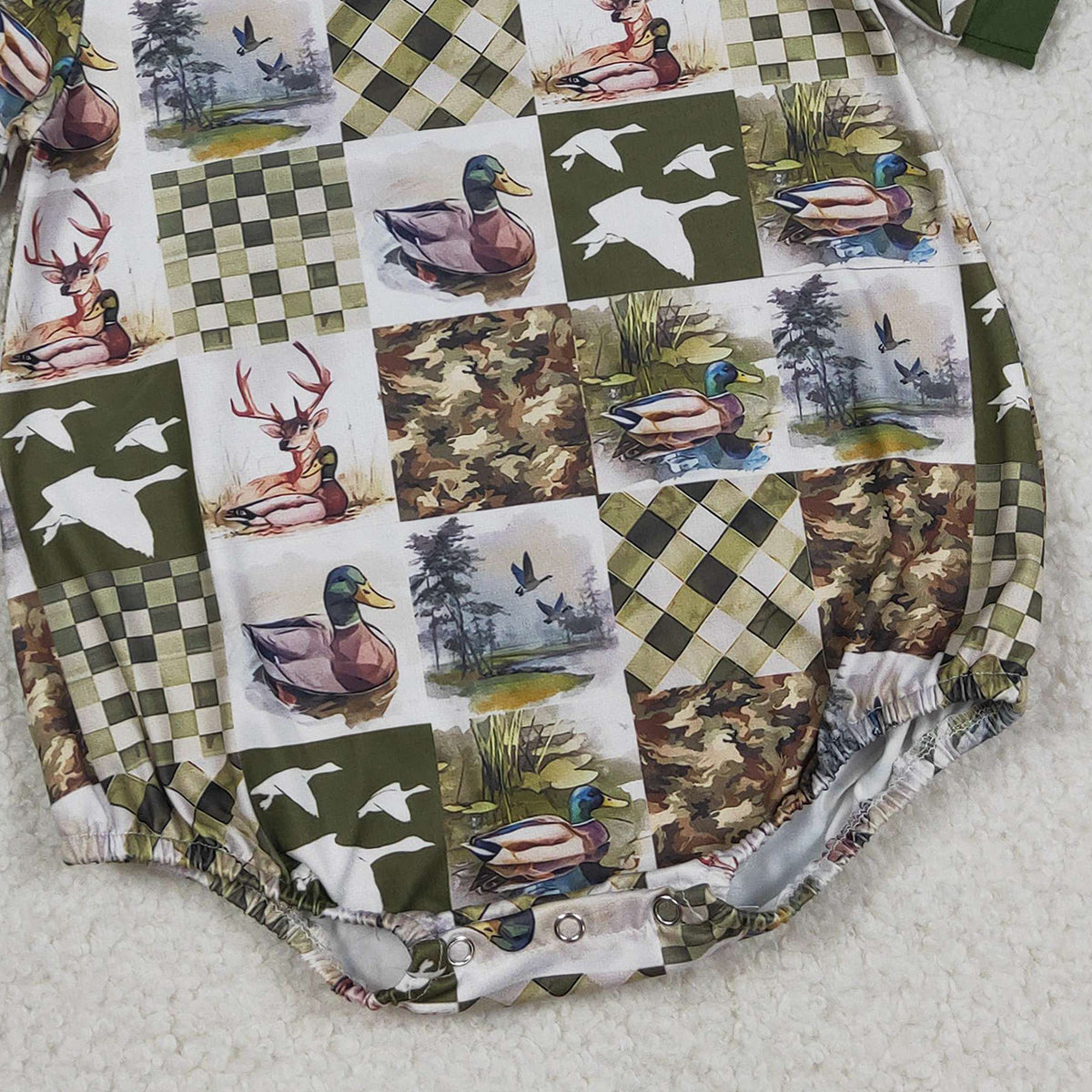 RTS NO MOQ SR3837 Baby Boys Short Sleeve Checked Hunting Rompers Deer Ducks Print