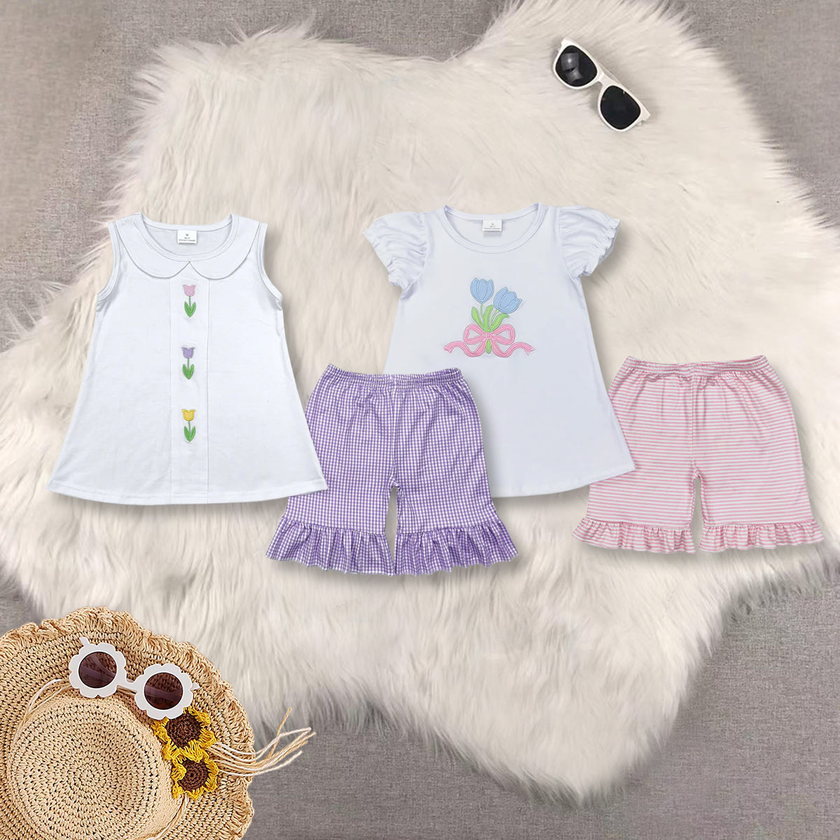 RTS NO MOQ baby girls Clothes embroidery floral short sleeve shorts Sets