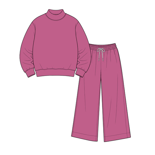 custom moq 5 mix size Baby Kids Casual Long Sleeve Dusty Rose Top Drawstring Long Pants Daily Clothes Set