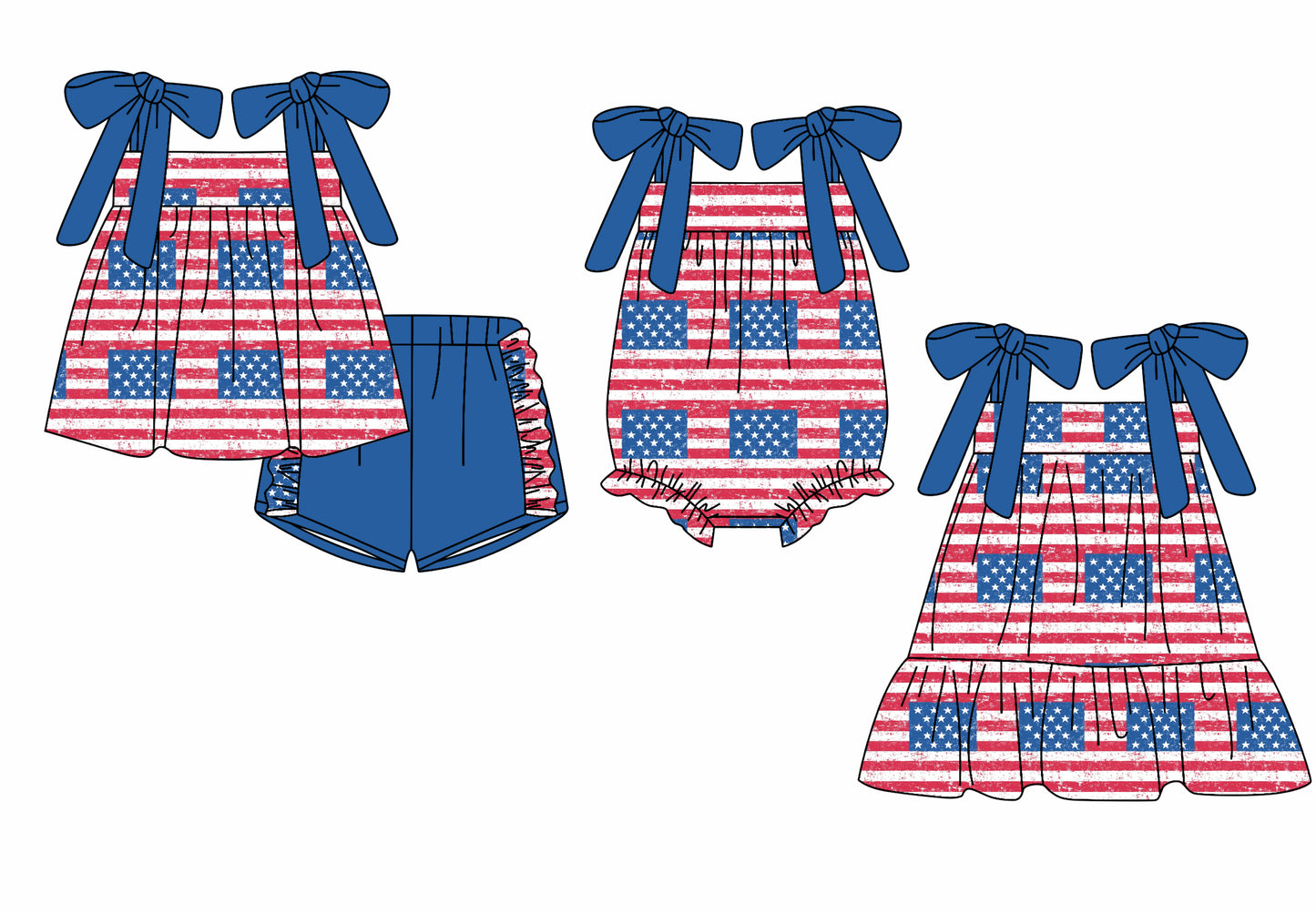 12.4 custom each style moq 5eta 4-6week Sibling Sister 4th of july baby girl short sleeve shorts sets and dress and rompers match family design