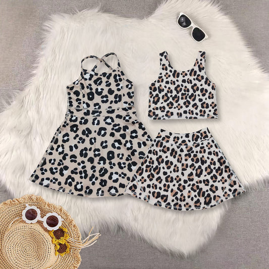 RTS NO MOQSibling baby girl clothes Brown leopard print beige vest skirt yoga suit and dress