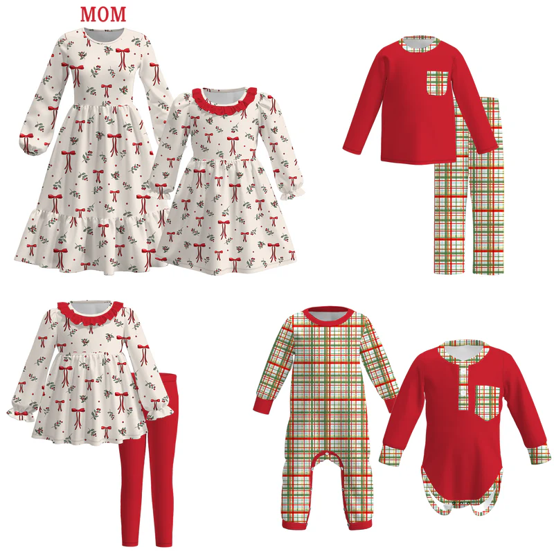 Custom moq 5 each style eta 6-7weeks baby girl bow long sleeve pants set 1 and pants set 2 and dress and romper 1 and romper 2 and adult dress