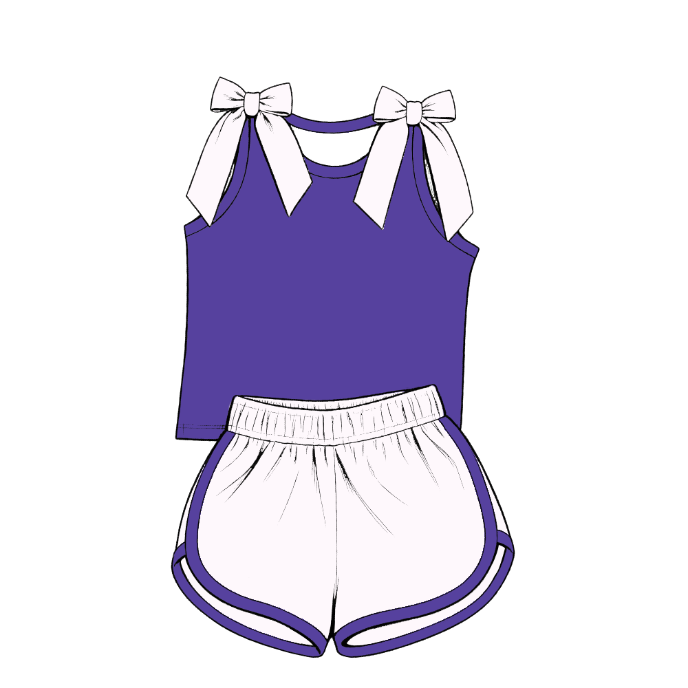 custom moq 5 mix size Baby Girls Bow Purple Sleeveless Top Shorts Summer Casual Clothes Set