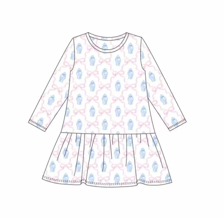 5.11custom each style moq 5eta 4-5week Sibling Sister blue vase prints blue boys and girls set and baby romper and dress match family design