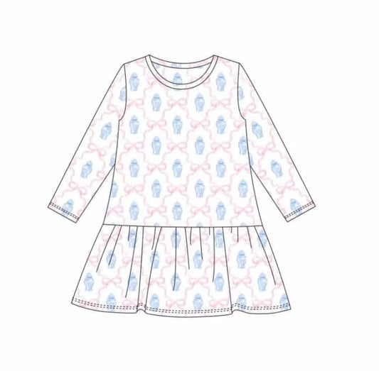 5.11custom each style moq 5eta 4-5week Sibling Sister blue vase prints blue boys and girls set and baby romper and dress match family design