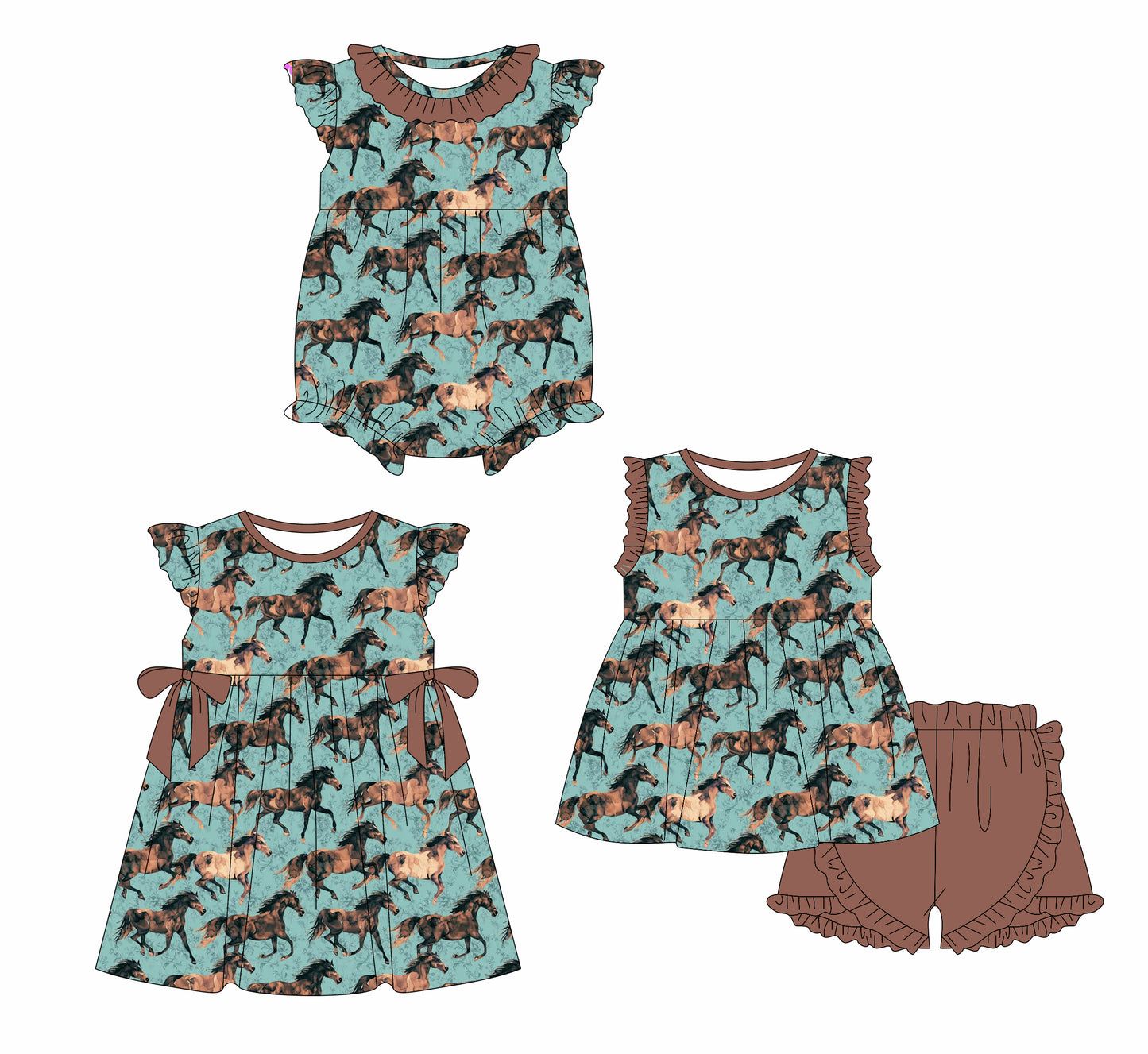 2.10 custom each style moq 5eta 4-6week Sibling Sisters horse baby girl short sleeve shorts sets and dress and rompers match family design