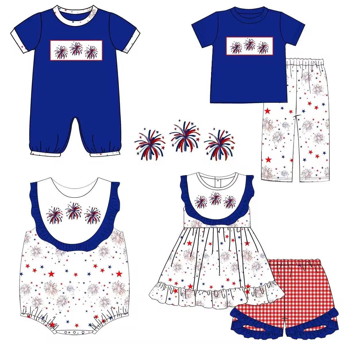 5.17custom each style moq 5eta 4-5week Sibling Sister fireworks print blue girls and boys outfits and baby romper match family design