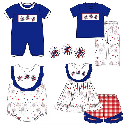 5.17custom each style moq 5eta 4-5week Sibling Sister fireworks print blue girls and boys outfits and baby romper match family design