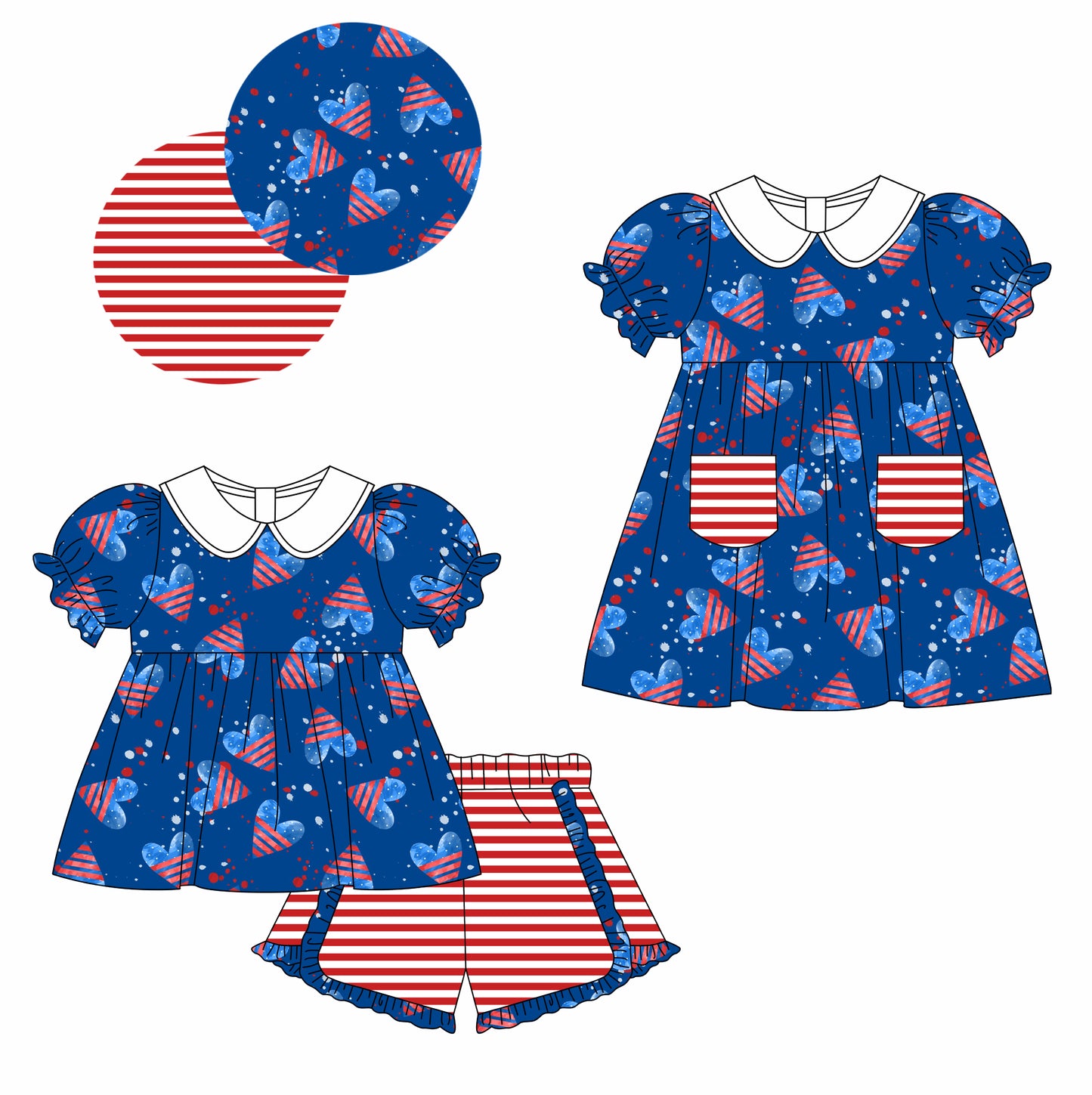 11.26 custom each style moq 5eta 4-6week Sibling Sister 4th of july love baby girl short sleeve shorts sets and dresses match design