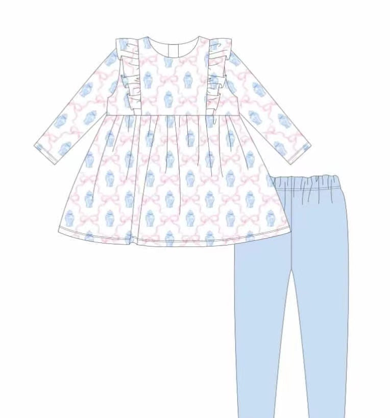 5.11custom each style moq 5eta 4-5week Sibling Sister blue vase prints blue boys and girls set and baby romper and dress match family design