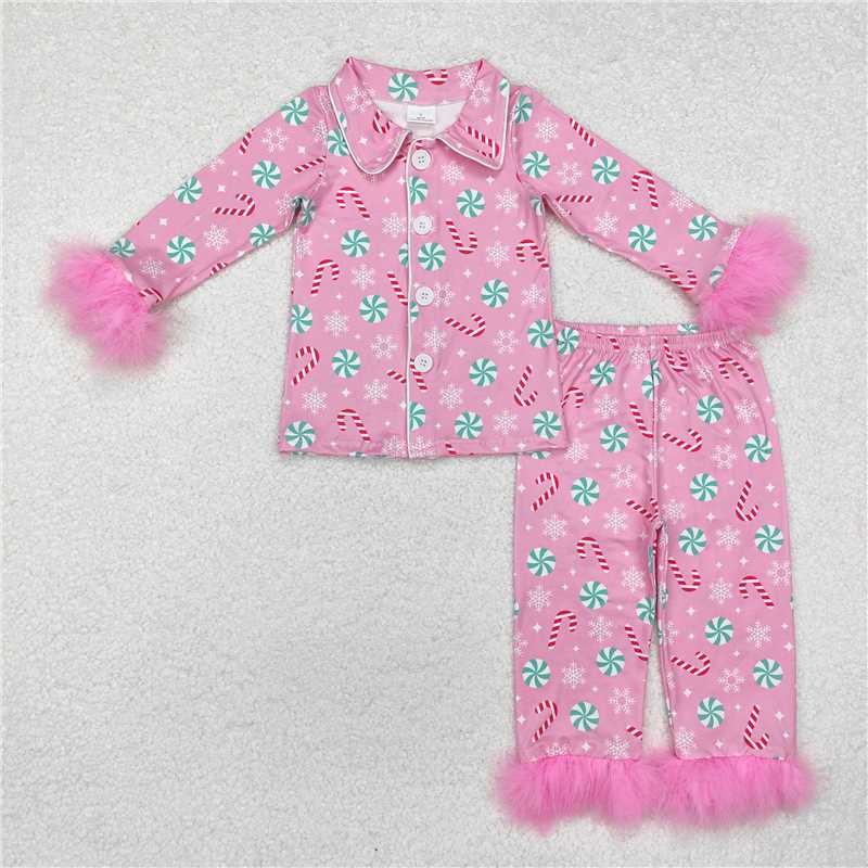 Mama and Me Pink Christmas Pajama Set - Candy Cane Cardigan with Fur Trim
