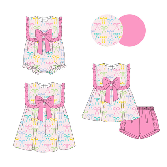 3.17 custom each style moq 5eta 4-6week Sibling Sisters bow baby girl short sleeve shorts sets and dress and rompers match family design