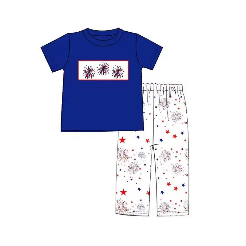 5.17custom each style moq 5eta 4-5week Sibling Sister fireworks print blue girls and boys outfits and baby romper match family design