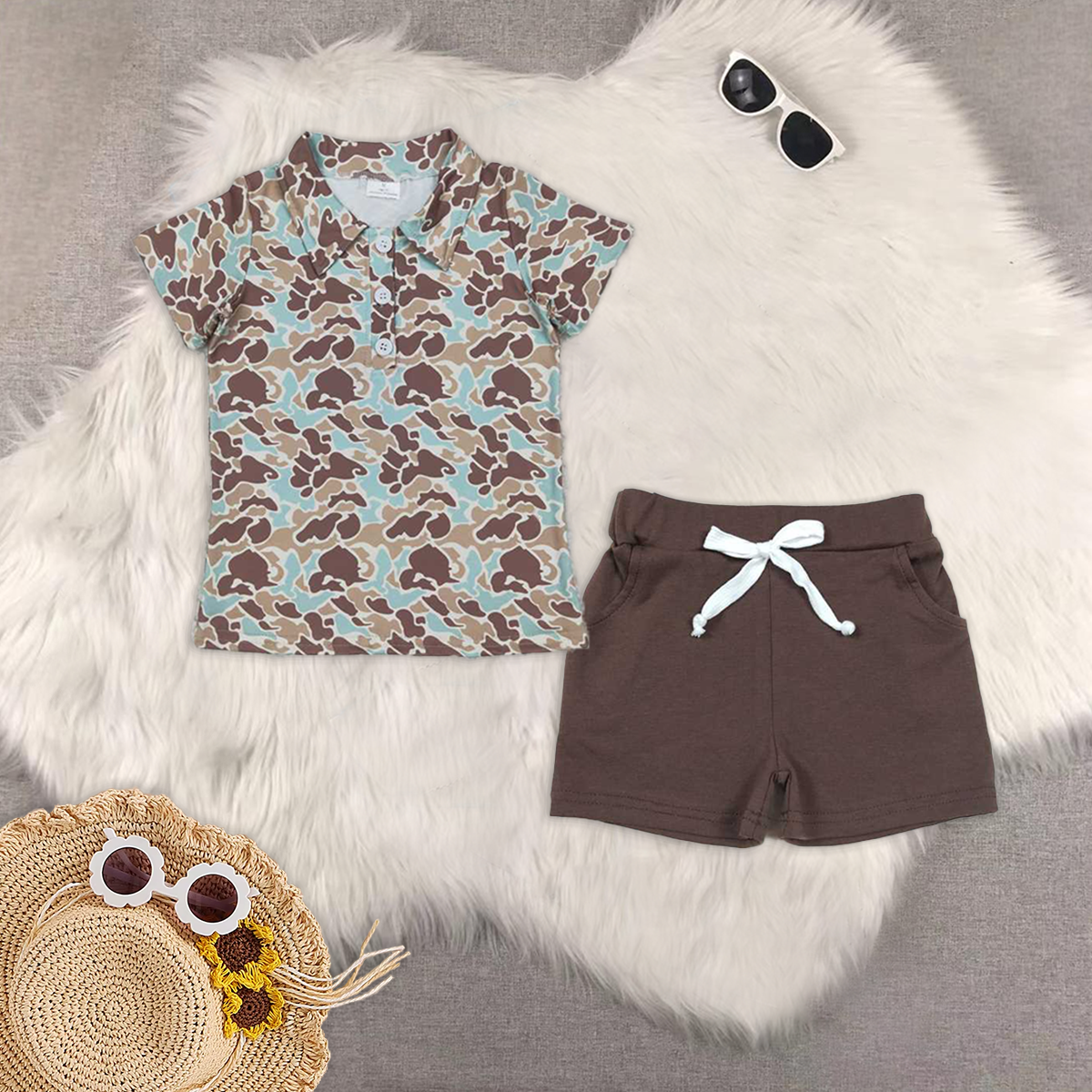 RTS NO MOQ BT1212+SS0134 baby boy clothes camouflage short-sleeved top pocket shorts sets
