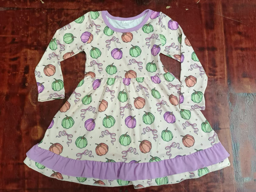 Custom moq 3 eta 6-7weeks Purple long-sleeved dress with pumpkin bow
