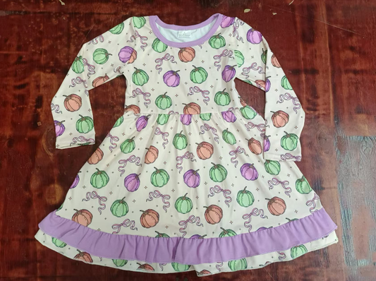 Custom moq 3 eta 6-7weeks Purple long-sleeved dress with pumpkin bow