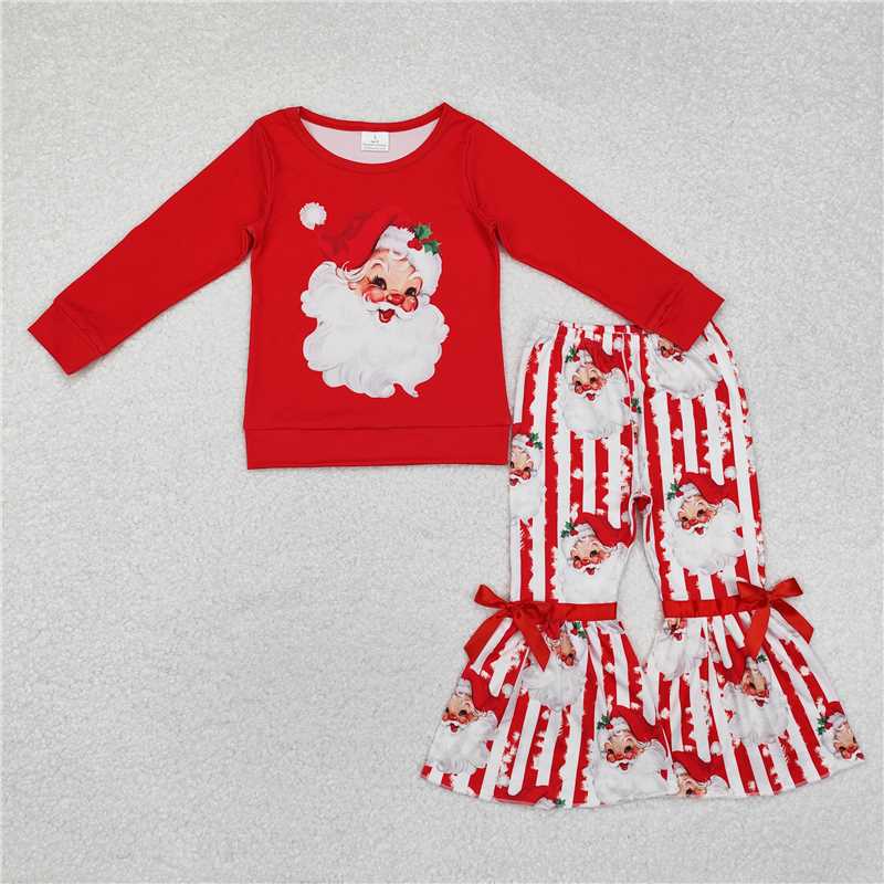 Baby Girls Christmas Red Santa Collection - Stripe Flare Pants Set & Bows Romper