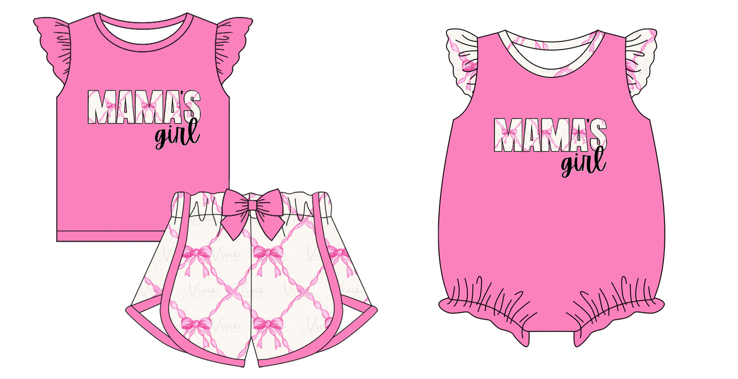 12.4 custom each style moq 5eta 4-6week Sibling Sister MAMA GIRL bow Baby girl short sleeve shorts sets and rompers match design