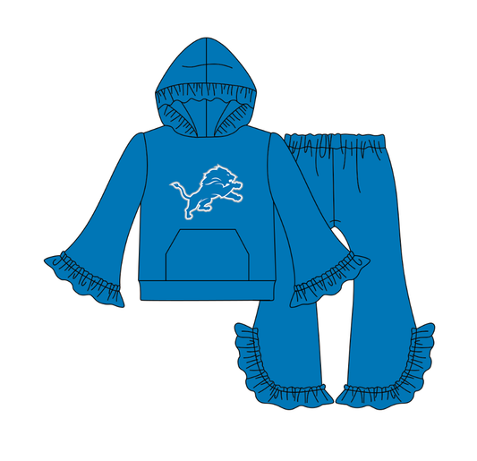 Custom moq 5 mix size milk silk summer teams baby girls clothe lace blue and green hooded long sleeve pants sets