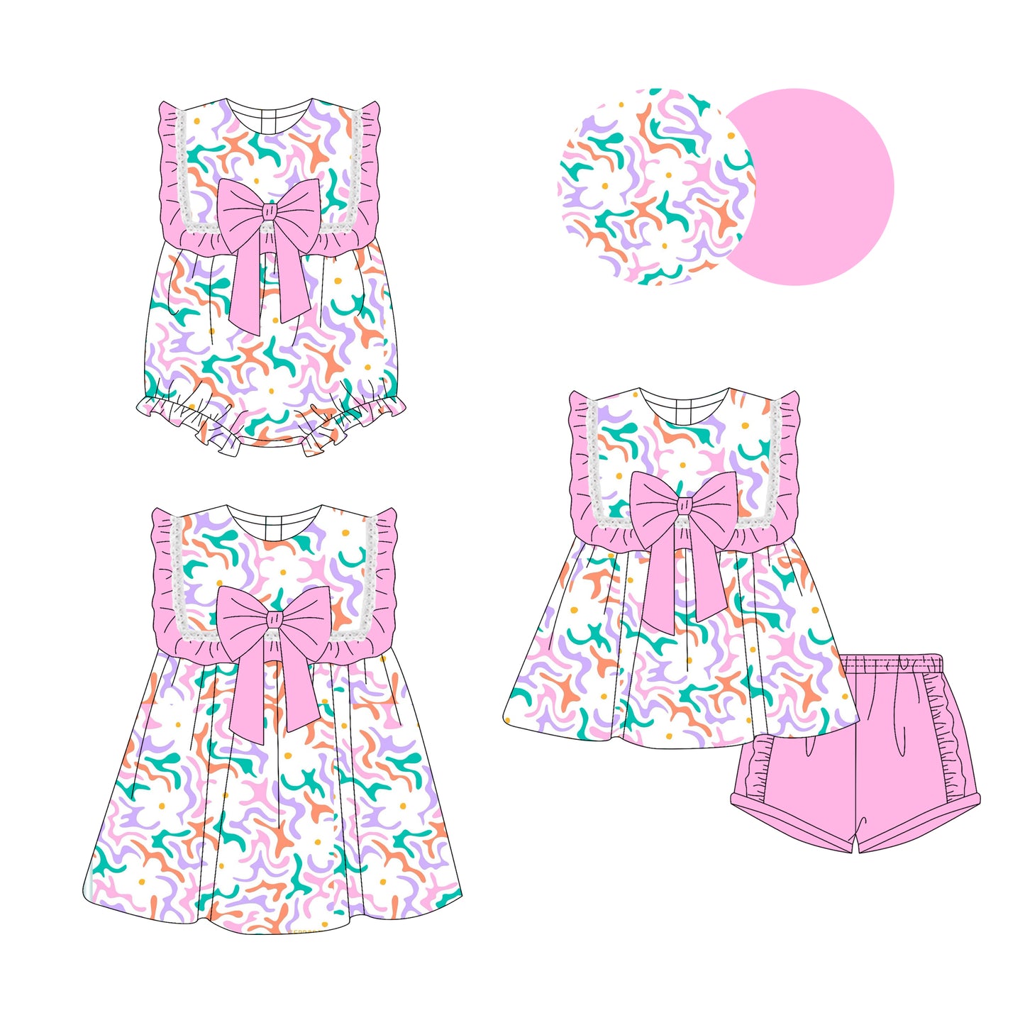 3.17 custom each style moq 5eta 4-6week Sibling Sisters baby girl short sleeve shorts sets and dress and rompers match family design