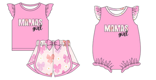 12.4 custom each style moq 5eta 4-6week Sibling Sister MAMA GIRL bow Baby girl short sleeve shorts sets and rompers match design