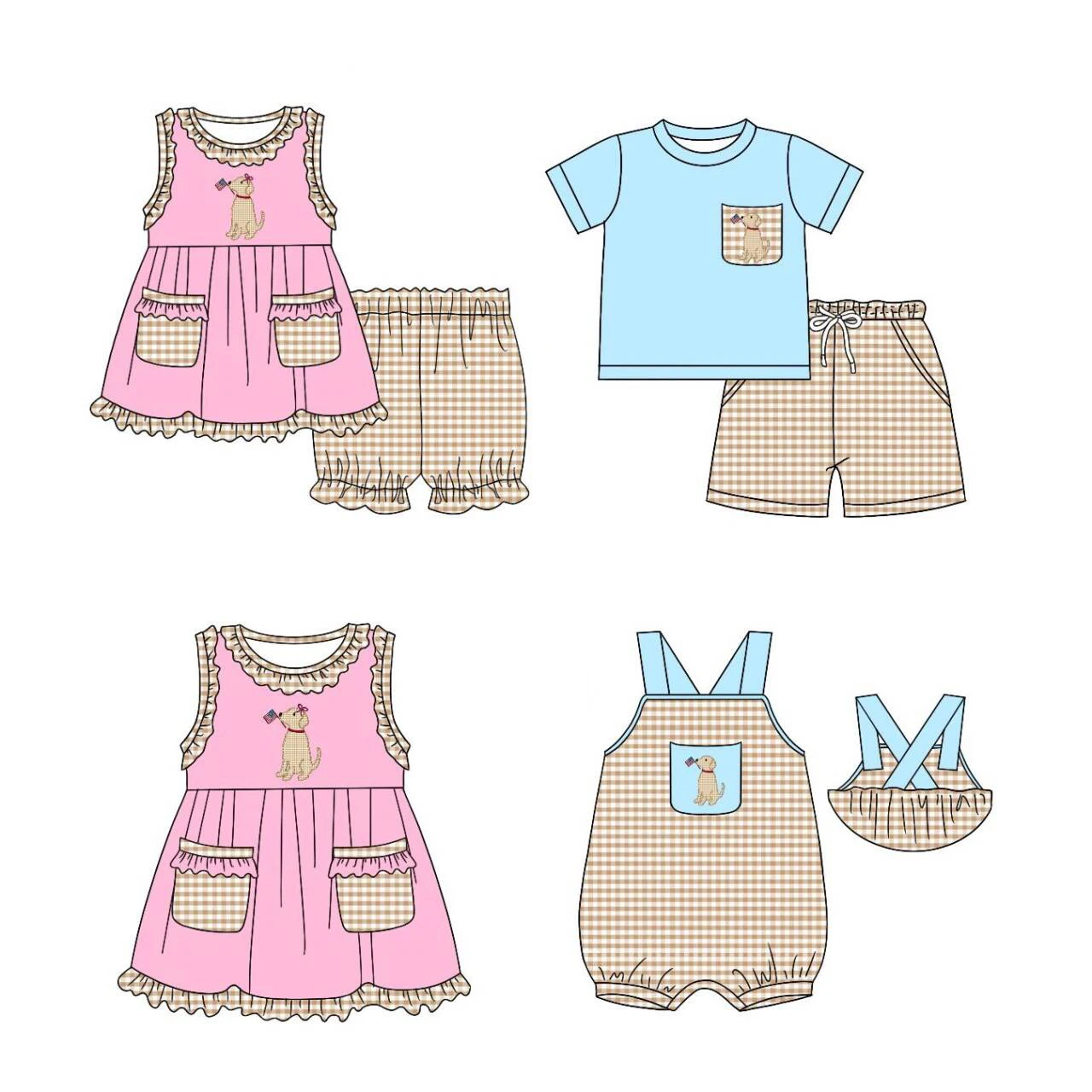 5.17custom each style moq 5eta 4-5week Sibling Sister patriotic puppy print blue and pink girls and boys outfits and baby romper match family design