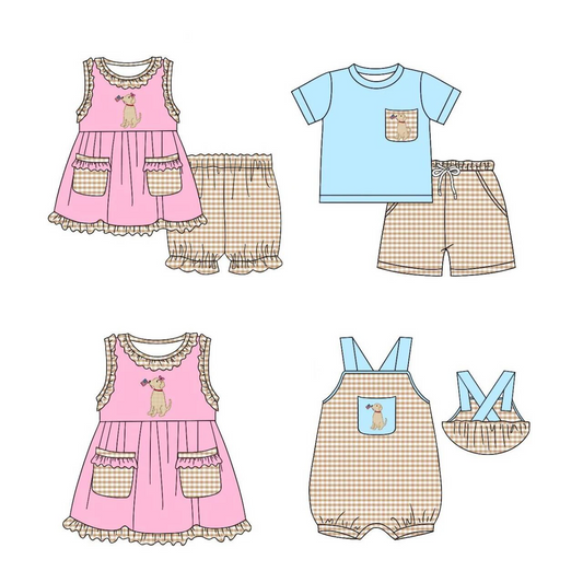 5.17custom each style moq 5eta 4-5week Sibling Sister patriotic puppy print blue and pink girls and boys outfits and baby romper match family design