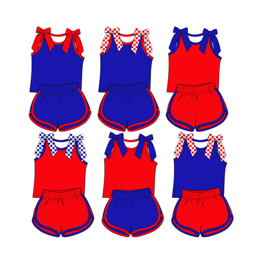 custom moq 5 mix size Baby Girls Purple Bow Sleeveless Top Blue Shorts Summer Outfit Sets