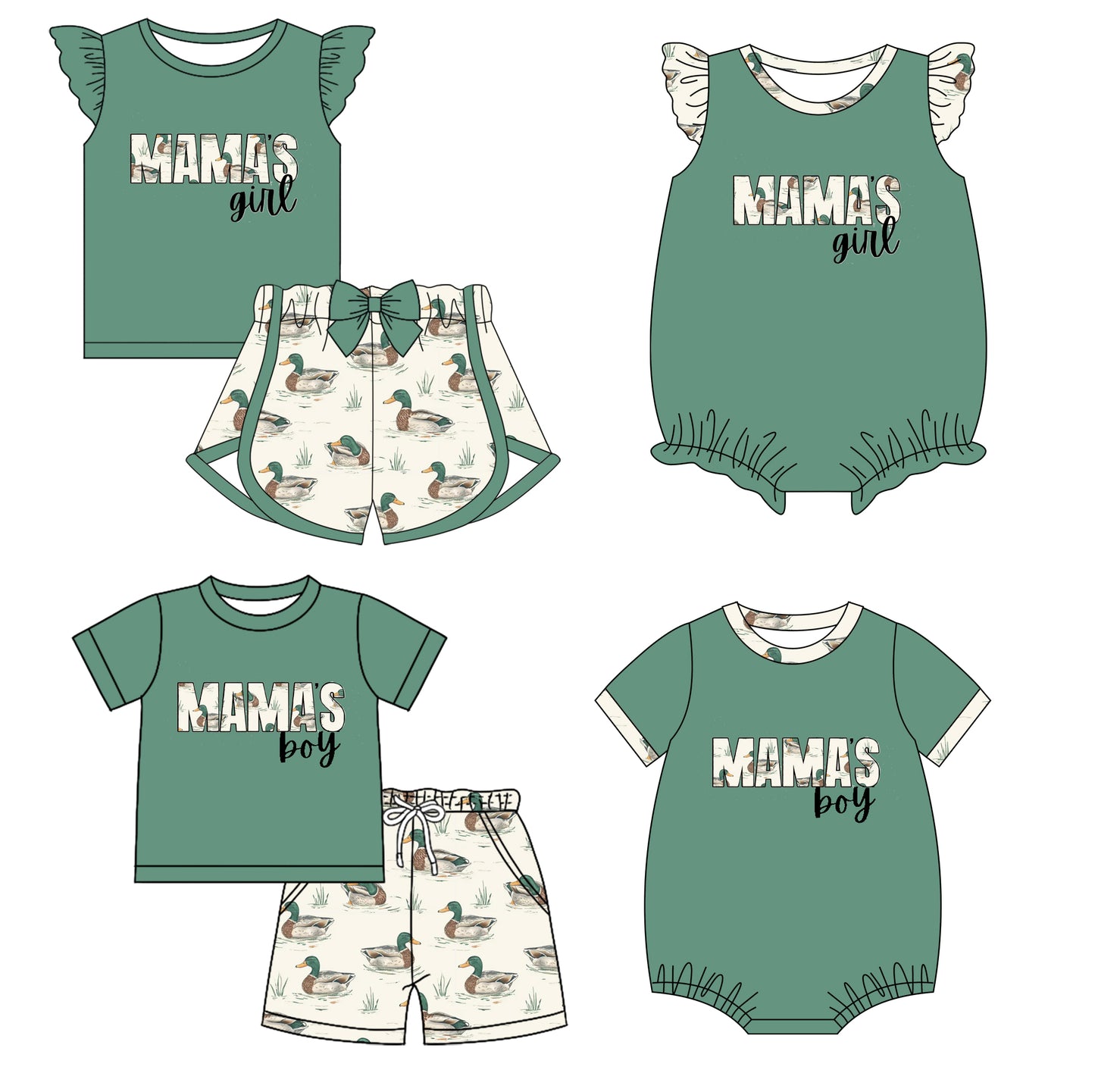 12.4 custom each style moq 5eta 4-6week Sibling Sister MAMA GIRL duck baby girl short sleeve shorts sets and sets 2 and girls romper and boy romper match design