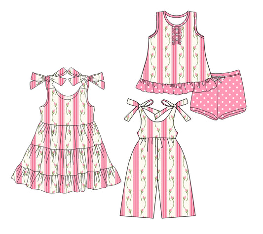 3.17 custom each style moq 5eta 4-6week Sibling Sister floral baby girl short sleeve shorts sets and dresses and jumpsuit match design