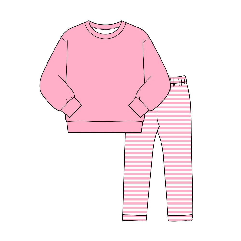 custom moq 5 mix size KYMN0103 Baby Kids Solid Color Long Sleeve Top Stripe Pant Clothes Set