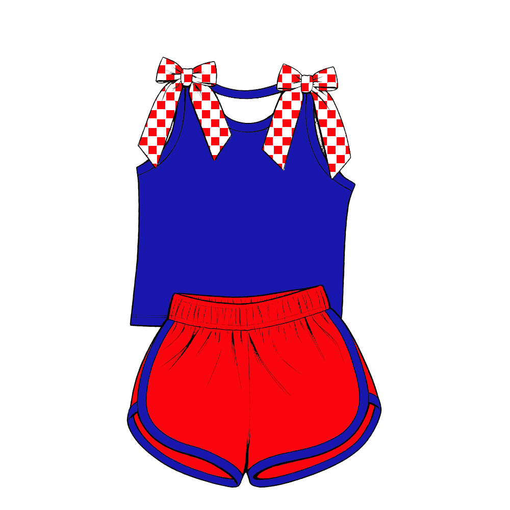 custom moq 5 mix size Baby Girls Purple Bow Sleeveless Top Blue Shorts Summer Outfit Sets