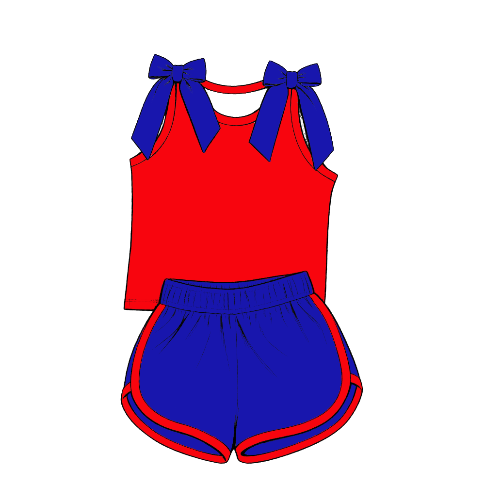 custom moq 5 mix size Baby Girls Purple Bow Sleeveless Top Blue Shorts Summer Outfit Sets