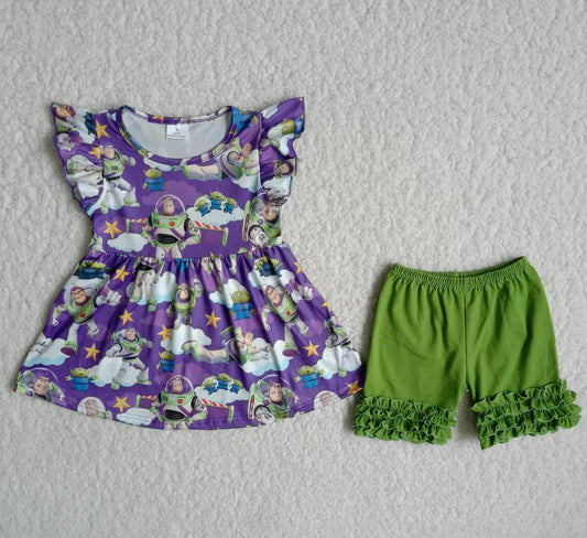 Cute Clothes B18-2 Baby Girl's Purple Flutter-Sleeved Top And Green Shorts Set