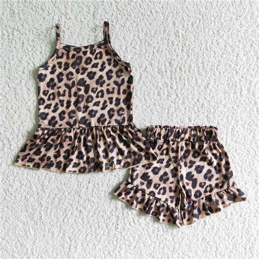 SALES  NEW Baby girls leopard spaghetti strap shorts clothes sets