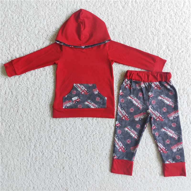 RTS NO MOQ Red Train Trojan Horse Pattern Romper & Short-sleeved Flared Pants & Long-sleeved Hooded Suit