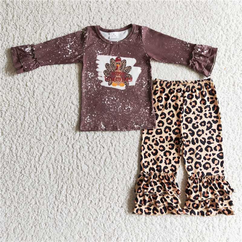 RTS NO MOQ Dark Brown Leopard Print Turkey Long Sleeve Suit & Yellow Scissors Heart Turkey Pattern Leopard Print Long Suit