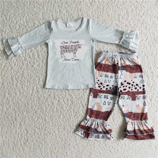 6 C11-20 Kids Girls Cows Letter Print Long Sleeve Top Elastic Waist Ruffle Hem Casual Pants Two Piece Western Farm Outfit Set