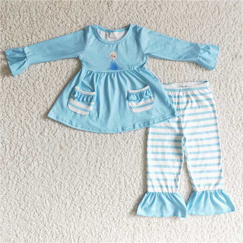 SALES  NEW Blue Ruffle Pants Sets for Girls Outfit with Tulle Skirt And pocket Top for Birthday Party Wedding Church
