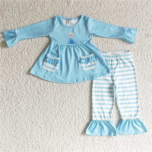 6 C11-5 Girls Blue Pocket Top Striped Pants Suit