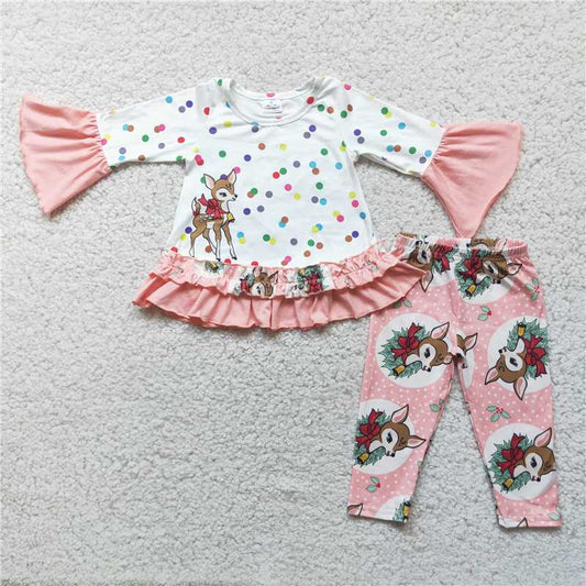 6 A1-19 Kids Girls Polka Dots Print Long Sleeve Top Elastic High Waist Leggings Set