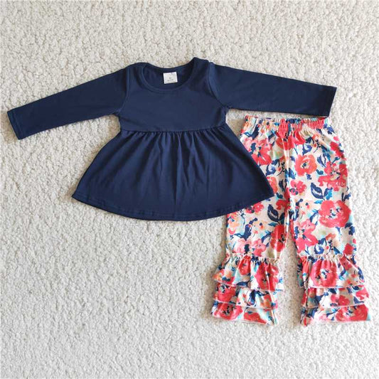 SALES  NEW Baby Navy Floral Tunic And Ruffle Pants Set Cute Outfit for Little Girls