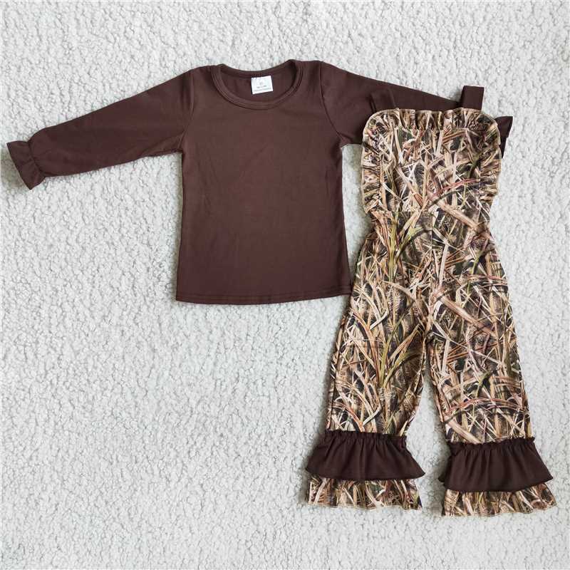 RTS NO MOQ（In Stock) Brown long-sleeved top and overalls set