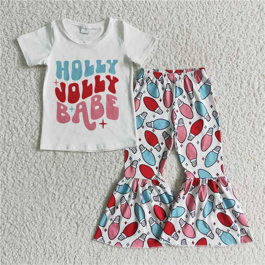 SALES NEW Girls Christmas White Short-Sleeve Top with Colorful Lightbulb Print Matching Bell Pants Set Cute Festive Outfit for Kids